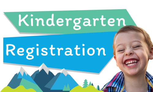 Smiling boy with graphic mountains and banner that says Kindergarten Registration