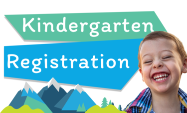 Smiling boy with graphic mountains and banner that says Kindergarten Registration