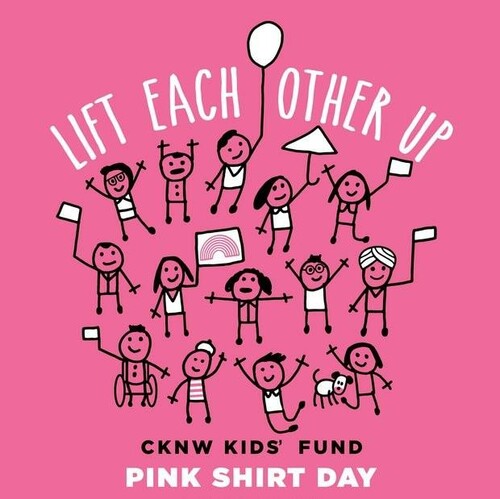 Cartoon doodle characters celebrating pink shirt day with Lift Each Other Up title