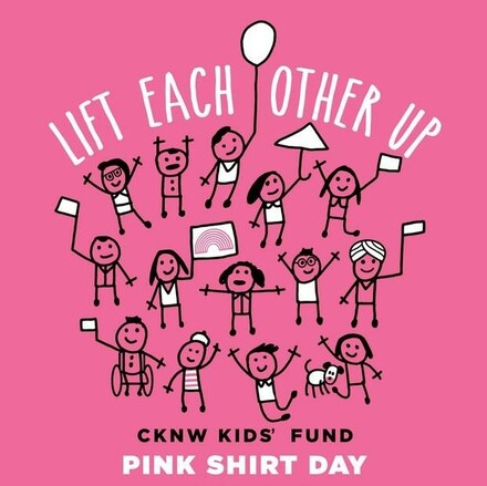 Cartoon doodle characters celebrating pink shirt day with Lift Each Other Up title