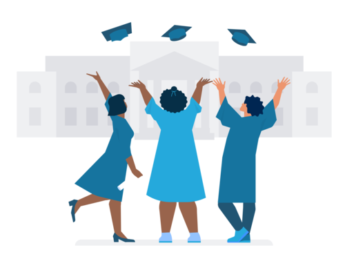 Three students wearing gowns and throwing graduations caps into the air