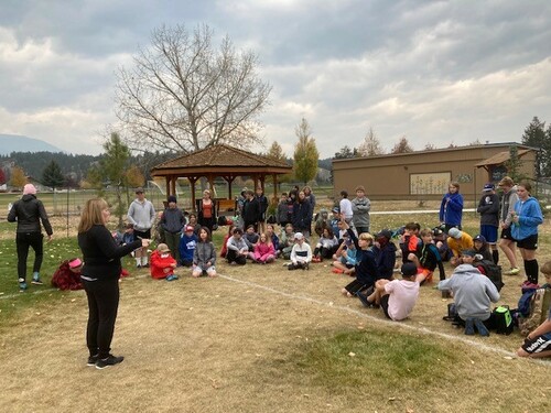 Groups of students facing a teacher a teacher on a soccer field