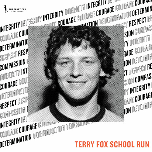 Square photo of Terry Fox in the centre. Adjectives describing Terry in the background.