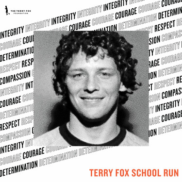 Square photo of Terry Fox in the centre.  Adjectives describing Terry in the background.