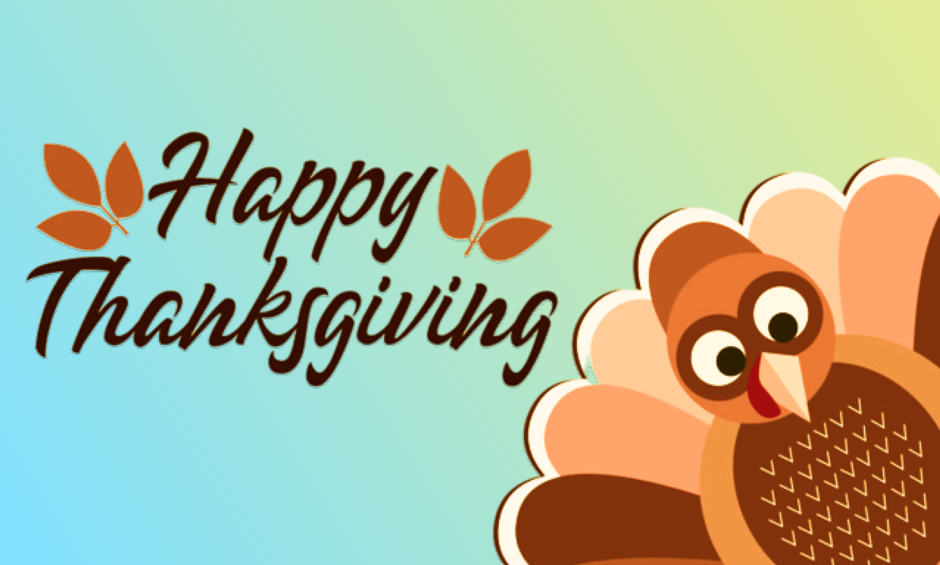Cartoon turkey and Happy Thanksgiving message